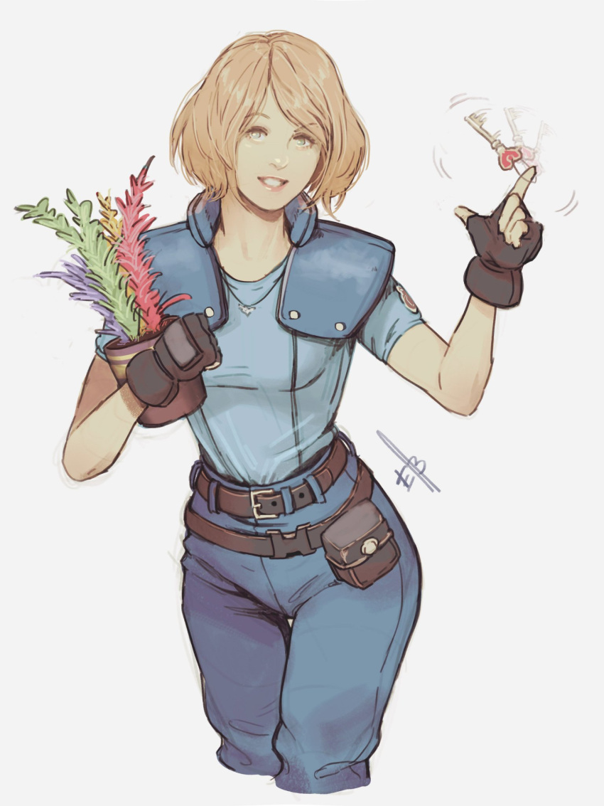 1girl ashley_graham belt black_gloves blonde_hair blue_pants blue_shirt cosplay english_commentary ericson_blum fingerless_gloves gloves herb highres holding_vase jill_valentine jill_valentine_(cosplay) key looking_at_viewer pants plant resident_evil resident_evil_1 resident_evil_4 resident_evil_4_(remake) shirt signature simple_background upper_body vase white_background