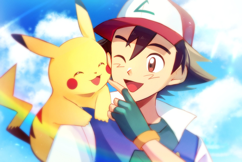 1boy ;d absurdres ash_ketchum brown_eyes brown_hair cloud commentary_request day fingerless_gloves gloves green_gloves green_shirt hand_up hat highres jacket male_focus on_shoulder one_eye_closed open_mouth outdoors pikachu pokemon pokemon_(anime) pokemon_(classic_anime) pokemon_(creature) pokemon_on_shoulder red_headwear sakuya_990331 shirt short_hair sky smile tongue upper_body