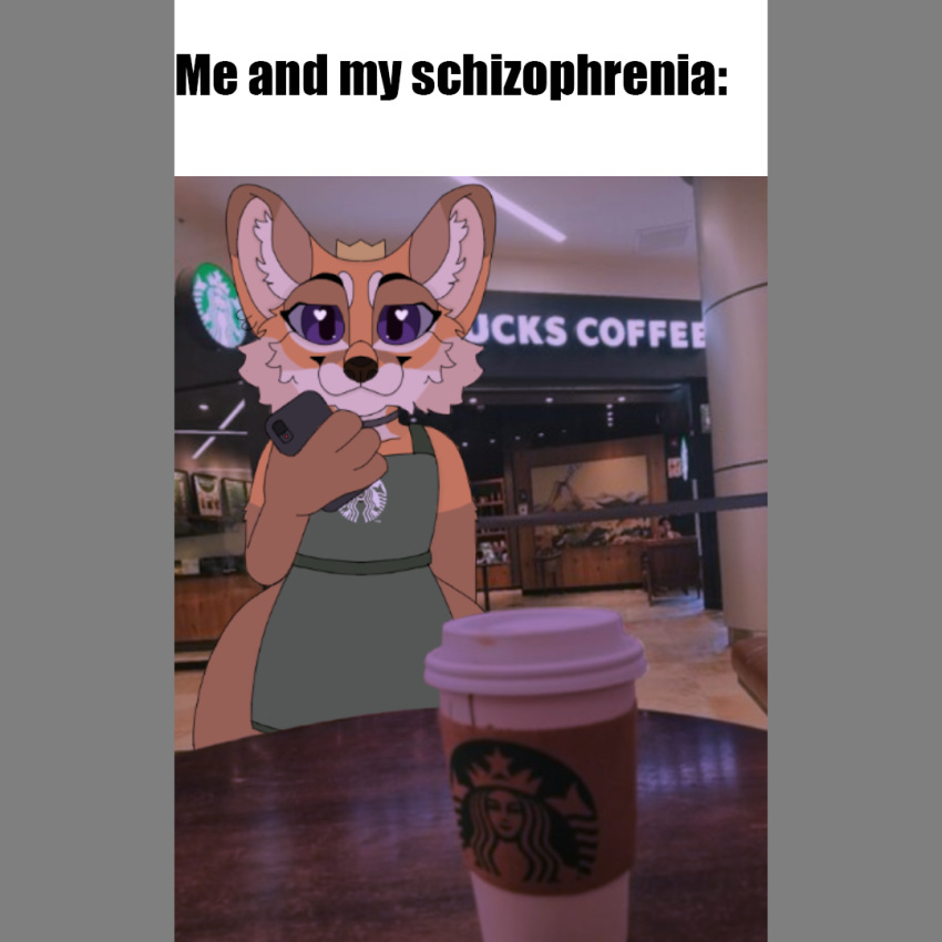 anthro apron apron_only canid canine clothing fg8235 first_person_view fox looking_at_viewer male mammal meme mostly_nude phone solo starbucks thick_thighs