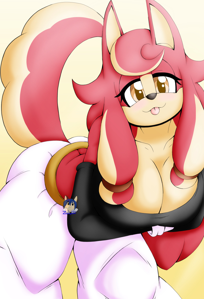 anthro big_breasts blush breasts butt canid canine canis conductor's_wife_(sonic) digital_media_(artwork) domestic_dog female fur hair hi_res looking_at_viewer mammal multicolored_body pink_body pink_fur sega simple_background smile solo sonic_the_hedgehog_(series) the_murder_of_sonic_the_hedgehog zeroviks_(artist)