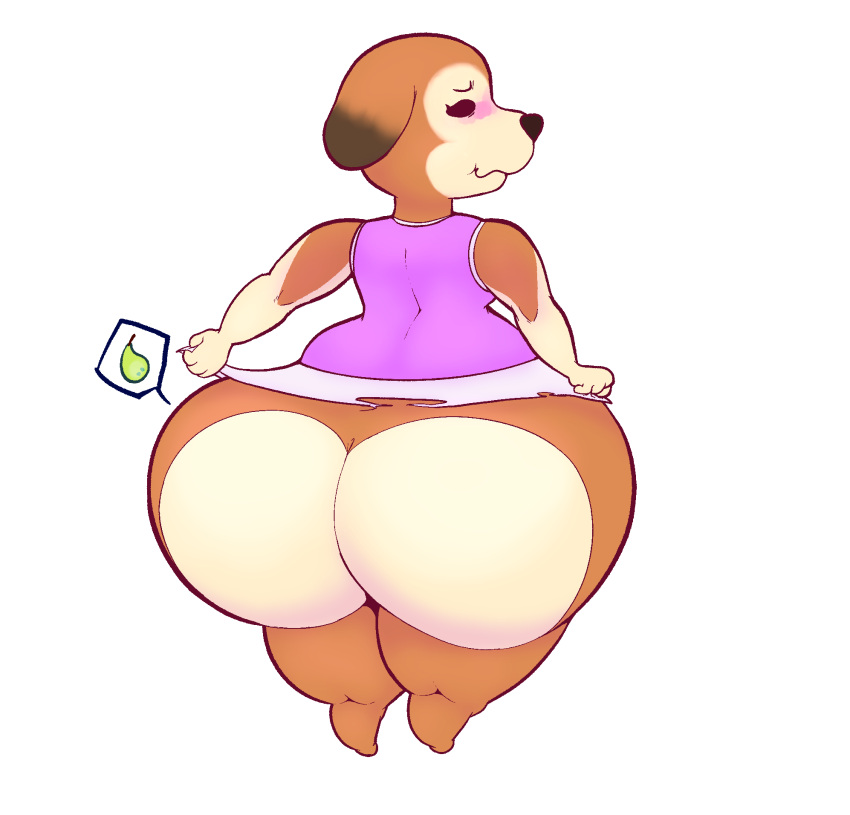 abunbot animal_crossing anthro big_butt black_nose blush bottomwear brown_body brown_fur butt canid canine canis clothed clothing clothing_too_small curvy_figure digital_media_(artwork) domestic_dog dressing female food fruit fur hi_res huge_butt hyper hyper_butt maddie_(animal_crossing) mammal nintendo overweight overweight_anthro overweight_female pear plant shy simple_background smile solo thick_thighs tight_clothing torn_clothing wardrobe_malfunction wide_hips