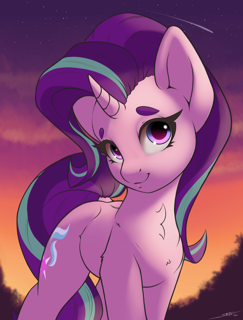 2023 absurd_res chest_tuft cutie_mark digital_media_(artwork) dock equid equine eyelashes female feral friendship_is_magic fur hair hasbro hi_res horn mammal mane multicolored_hair multicolored_mane my_little_pony pink_body pink_fur purple_eyes purple_hair purple_mane purple_tail skitsroom smile solo starlight_glimmer_(mlp) tail tuft two_tone_hair two_tone_mane two_tone_tail unicorn