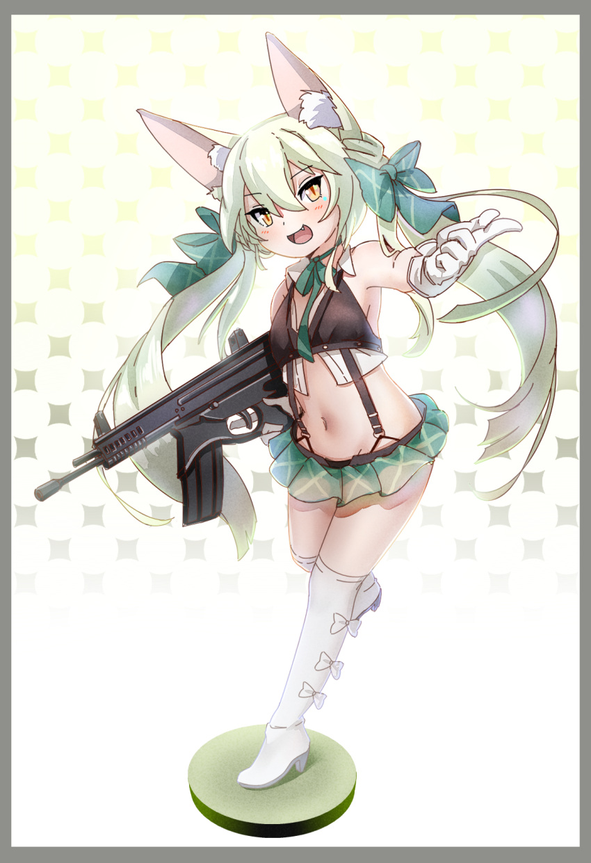 1girl :d animal_ear_fluff animal_ears art556_(girls'_frontline) bare_shoulders blush boots border bow brown_eyes commentary_request girls'_frontline gloves green_bow green_hair green_skirt grey_border gun hair_between_eyes hair_bow halftone halftone_background high_heel_boots high_heels highres holding holding_gun holding_weapon kuro_kosyou long_hair looking_at_viewer miniskirt name_connection navel object_namesake pleated_skirt skirt smile solo standing standing_on_one_leg suspenders taurus_art556 thigh_boots trigger_discipline twintails very_long_hair weapon white_bow white_footwear white_gloves