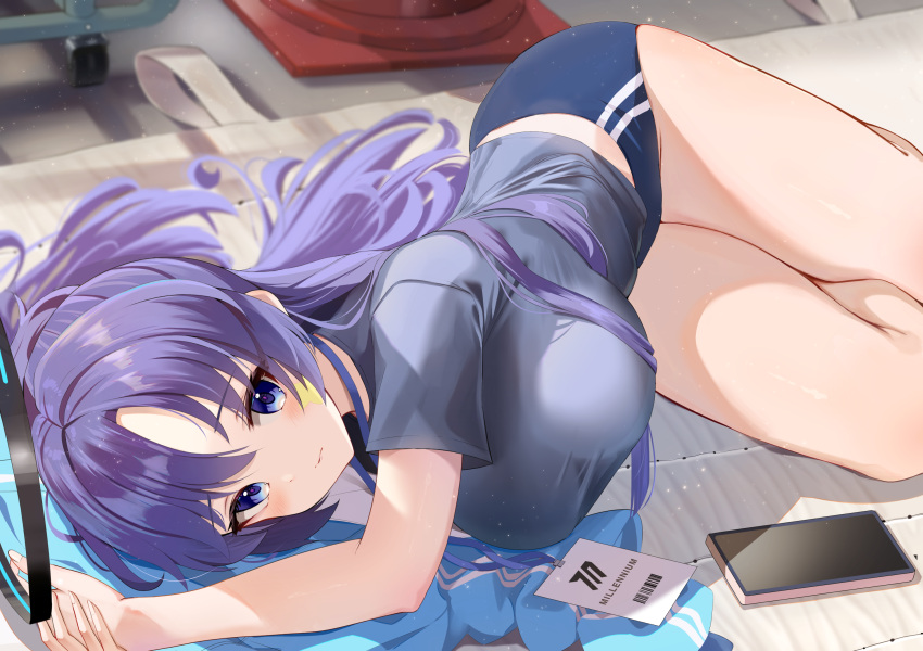 1girl bare_legs black_shirt blue_archive blue_buruma blue_jacket blush breasts buruma cellphone closed_mouth collarbone gym_uniform hair_between_eyes halo highres id_card indoors jacket jacket_removed long_hair looking_at_viewer lying official_alternate_costume on_side phone ponytail puripuri purple_eyes purple_hair shirt short_sleeves solo star_sticker sticker sticker_on_face track_jacket yuuka_(blue_archive) yuuka_(track)_(blue_archive)