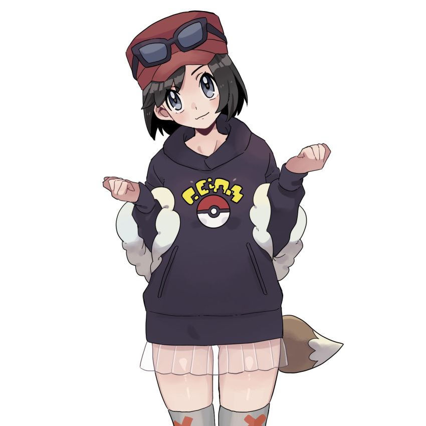 1boy black-framed_eyewear black_hoodie blush calem_(pokemon) closed_mouth commentary_request cosplay eyewear_on_headwear grey_eyes grey_thighhighs hat head_tilt highres hood hoodie long_sleeves male_focus penny_(pokemon) penny_(pokemon)_(cosplay) poke_ball_print pokemon pokemon_sv pokemon_xy red_headwear sana_(37pisana) see-through see-through_skirt shiny_skin short_hair skirt smile solo sunglasses thighhighs