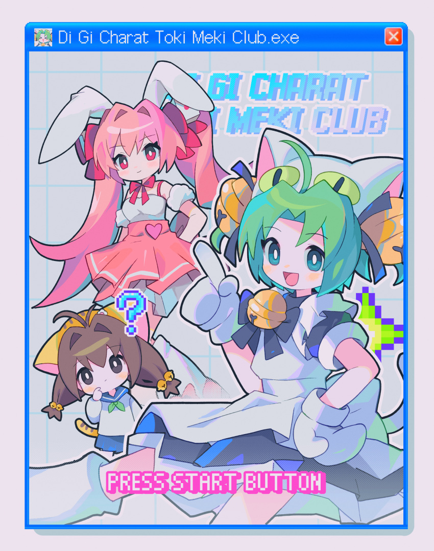 3girls :d ? absurdres ahoge animal_ears animal_hat antenna_hair apron bell black_bow black_bowtie black_dress black_eyes blue_eyes blue_sailor_collar blue_skirt bow bowtie bright_pupils brown_hair cat_hat cat_tail dejiko di_gi_charat dice_hair_ornament dress green_hair green_neckerchief hair_bell hair_bow hair_intakes hair_ornament hand_on_own_hip hat heart highres index_finger_raised jingle_bell long_hair mittens morizo_(morizoshop) multiple_girls neckerchief no_nose open_mouth pink_bow pink_eyes pink_hair puchiko rabbit_ears sailor_collar school_uniform serafuku shirt short_hair skirt smile tail usada_hikaru very_long_hair white_apron white_mittens white_pupils white_shirt window_(computing)