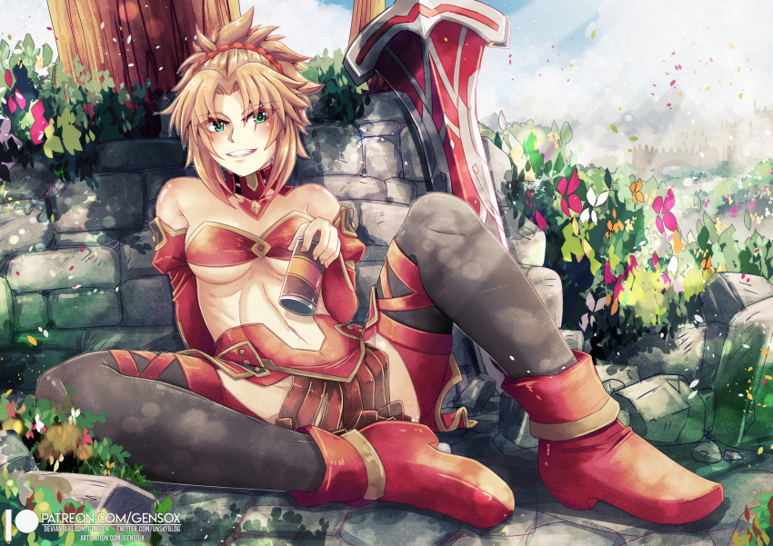 1girl bandeau belt blonde_hair breasts can day detached_collar detached_sleeves eyes_visible_through_hair fate/apocrypha fate_(series) flower full_body gensox greatsword green_eyes grin hair_ornament hair_scrunchie hand_up high_ponytail highres holding holding_can knee_up leaning_back linea_alba long_hair looking_at_viewer medium_breasts mordred_(fate) mordred_(fate/apocrypha) navel outdoors paid_reward_available patreon_logo scrunchie shoes smile solo spread_legs stomach strapless sword thighhighs underboob weapon web_address