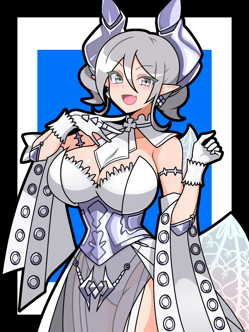 1girl breasts cleavage demon_girl demon_horns demon_wings dress duel_monster gloves grey_eyes highres horiguchiaoi horns large_breasts leotard leotard_under_clothes looking_at_viewer lovely_labrynth_of_the_silver_castle low_wings multiple_wings pointy_ears smile solo transparent_wings twintails white_hair white_horns wings yu-gi-oh!