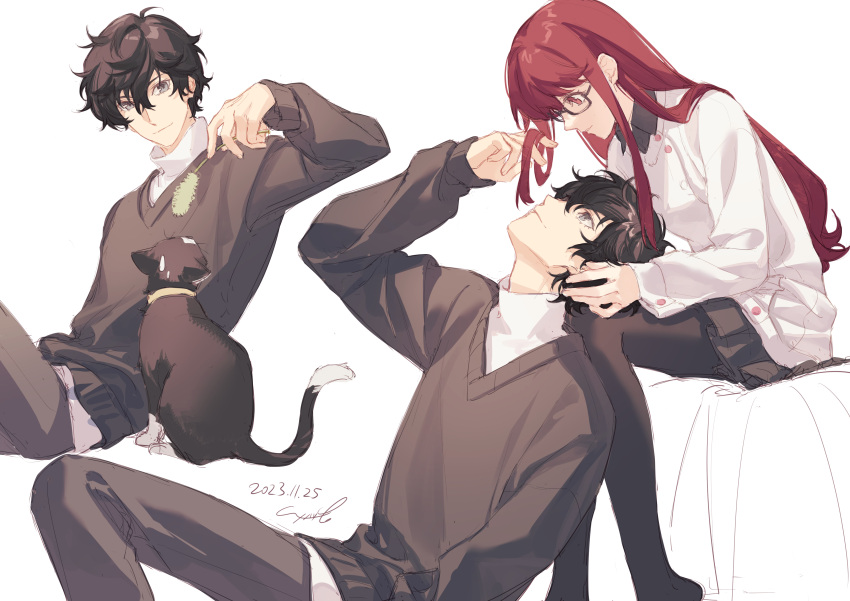 1boy 1girl absurdres alternate_costume amamiya_ren black-framed_eyewear black_hair blush cat couple eye_contact glasses hetero highres long_hair long_sleeves looking_at_another morgana_(persona_5) pants persona persona_5 persona_5_the_royal red_eyes red_hair short_hair simple_background smile tsubsa_syaoin yoshizawa_kasumi yoshizawa_sumire