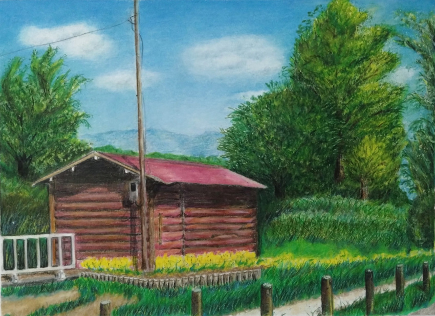 blue_sky building colored_pencil_(medium) fence flower forest grass highres mountainous_horizon nakanaori31 nature no_humans original plant power_lines scenery shed sky traditional_media tree utility_pole wooden_fence wooden_wall yellow_flower