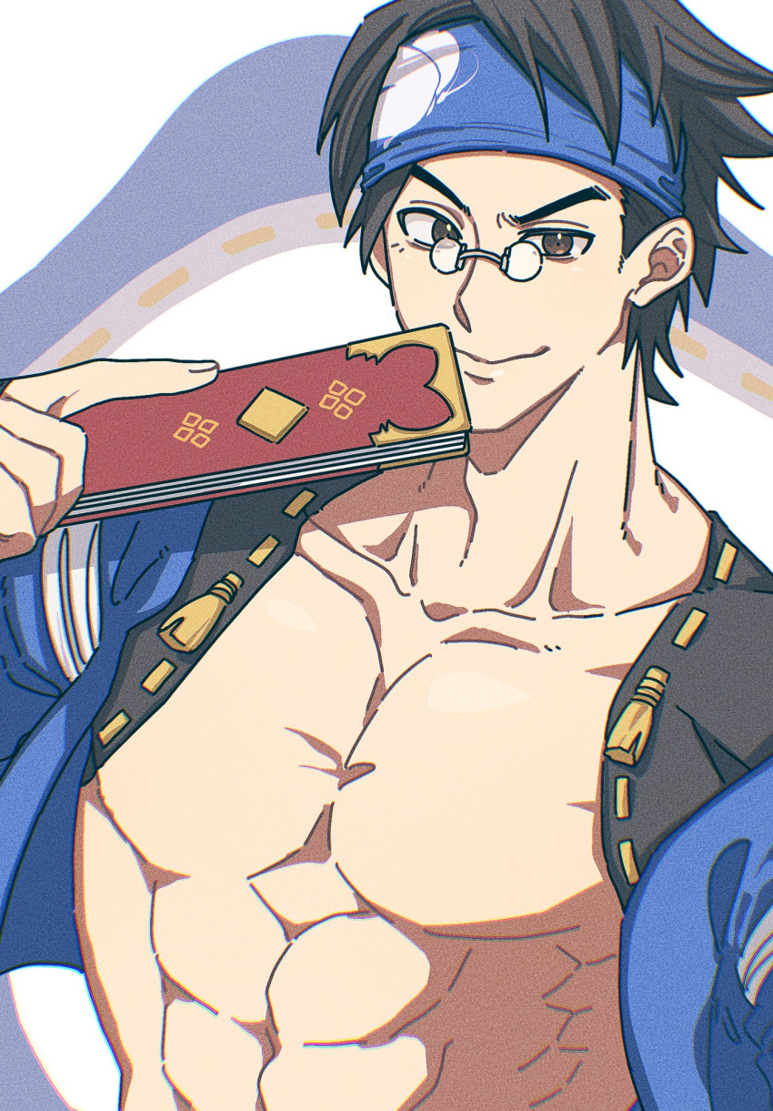 1boy abs al2o3_na black_hair blue_headband brown_eyes guilty_gear guilty_gear_strive hand_fan headband highres japanese_clothes male_focus mito_anji muscular muscular_male pectorals pince-nez samurai smile