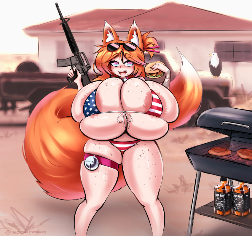 accipitrid accipitriform alcohol animal_humanoid areola avian bald_eagle beverage big_breasts bikini bird blush breasts building burger canid canid_humanoid canine canine_humanoid clothing eagle eyewear fangs female food fox_humanoid freckles grill gun hair hi_res house huge_breasts huge_thighs humanoid hyper hyper_breasts looking_at_viewer mammal mammal_humanoid mochi_(mochifoxxo) mochifoxxo multicolored_eyes open_mouth orange_hair outside ranged_weapon sea_eagle signature smile solo standing stars_and_stripes sunglasses swimwear teeth text thick_thighs united_states_of_america weapon