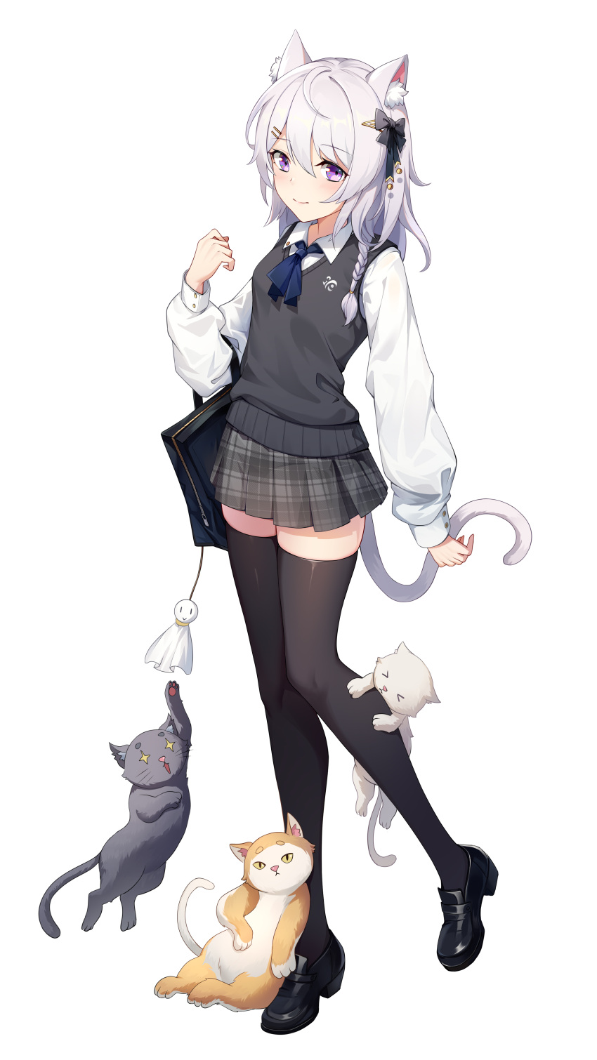 1girl absurdres animal_ears ar_(3779609928) black_bag black_cat black_footwear black_thighhighs blue_ribbon braid cat cat_ears cat_girl cat_tail closed_mouth collared_shirt commentary_request full_body grey_jacket hand_up highres jacket long_hair long_sleeves neck original plaid plaid_skirt pleated_skirt purple_eyes ribbon school_uniform shirt shoes side_braid simple_background skirt smile solo standing tail thighhighs white_background white_cat white_hair white_shirt yellow_cat zettai_ryouiki