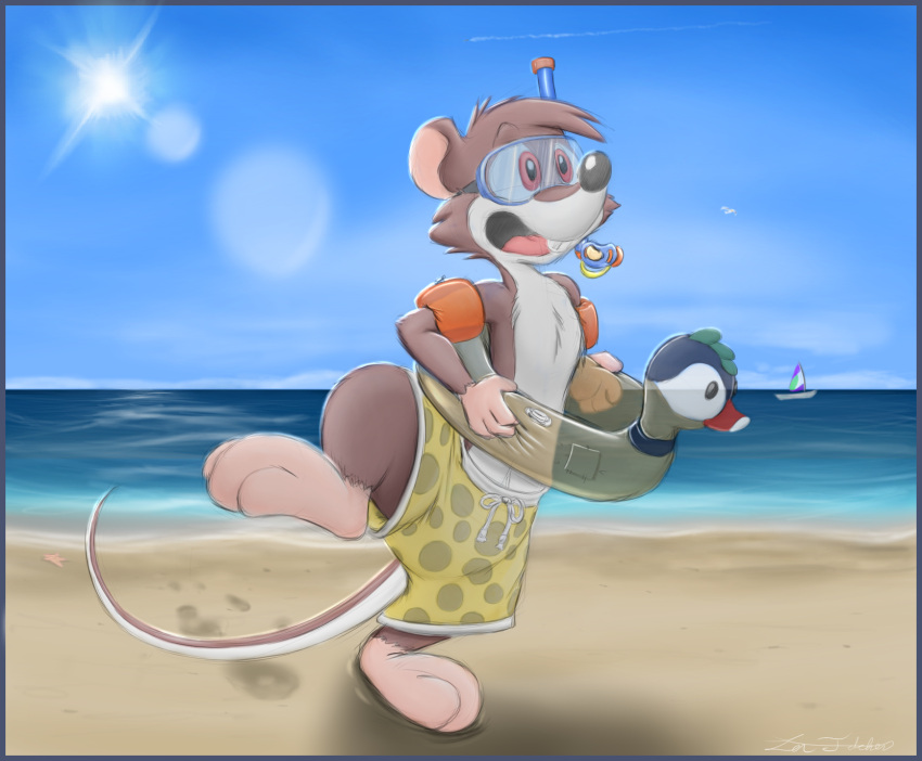 anthro beach clothed clothing diaper flotation_device hi_res inflatable inner_tube male mammal mouse murid murine rodent seaside solo swimming_trunks swimwear wearing_diaper zenfetcher