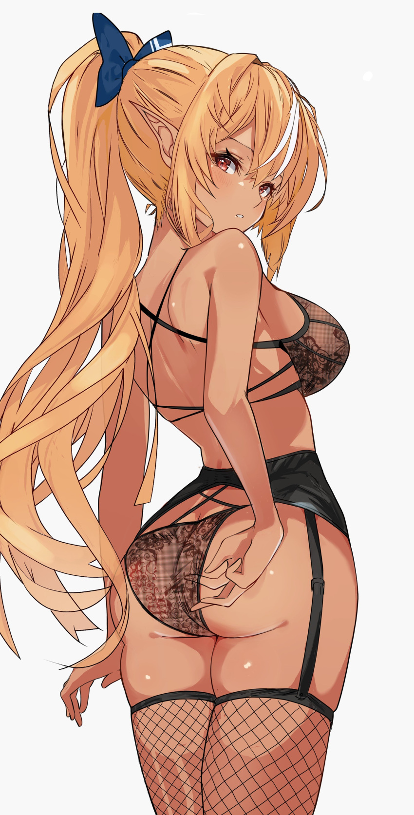 1girl absurdres ass bare_shoulders blonde_hair blush bow bra breasts dark-skinned_female dark_skin elf fishnet_thighhighs fishnets garter_belt garter_straps hair_bow highres hololive lace-trimmed_bra lace-trimmed_panties lace_trim large_breasts long_hair looking_at_viewer multicolored_hair panties pointy_ears ponytail red_eyes shiranui_flare sidelocks solo streaked_hair thighhighs thighs tomo0843 underwear virtual_youtuber white_background white_hair