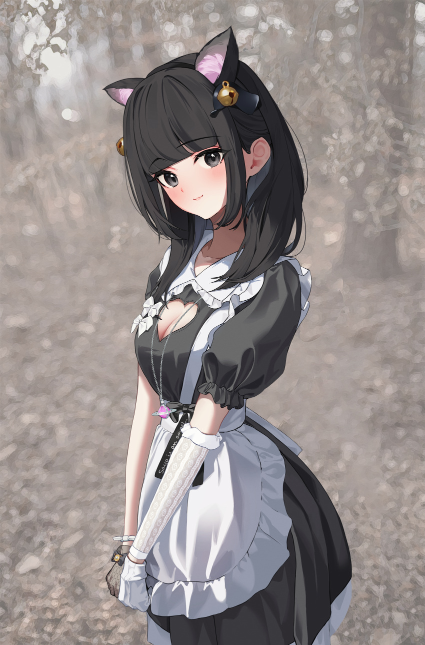 1girl :3 absurdres animal_ears apron asymmetrical_gloves bell black_dress black_eyes black_gloves black_hair black_hairband blunt_bangs blush breasts cat_ears cleavage cleavage_cutout closed_mouth clothing_cutout cowboy_shot daimi_94 dress fake_animal_ears gloves hairband heart_cutout highres jewelry jingle_bell long_hair looking_at_viewer maid medium_breasts mismatched_gloves necklace smile solo white_apron white_gloves