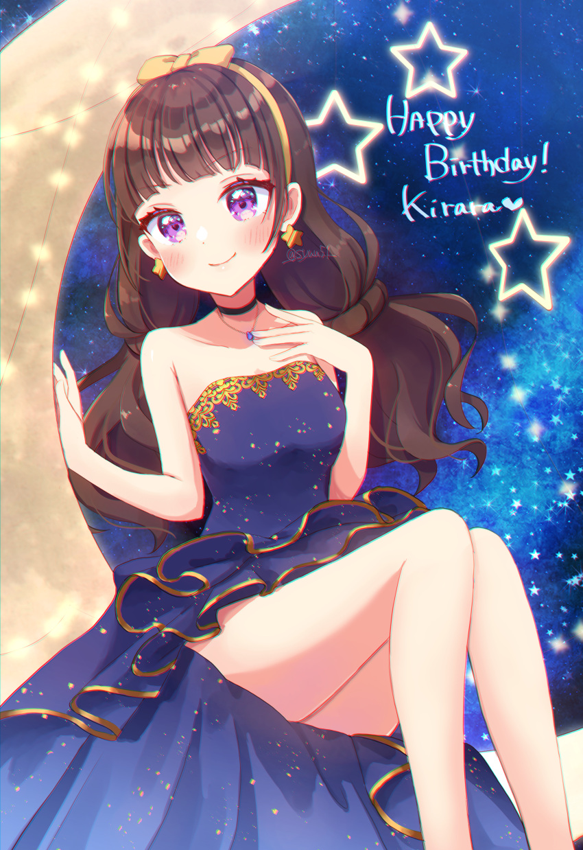 1girl absurdres amanogawa_kirara asymmetrical_dress bare_shoulders birthday black_choker blue_dress blunt_bangs brown_hair character_name choker closed_mouth commentary crescent_moon dress earrings english_text go!_princess_precure hair_ribbon hand_on_own_chest happy_birthday highres jewelry long_dress long_hair looking_at_viewer low_twintails moon necklace one_eye_closed precure print_dress purple_eyes ribbon shuu_(mniarnoakou) sitting sky smile solo star_(sky) star_(symbol) star_earrings starry_sky starry_sky_print strapless strapless_dress twintails twitter_username yellow_ribbon