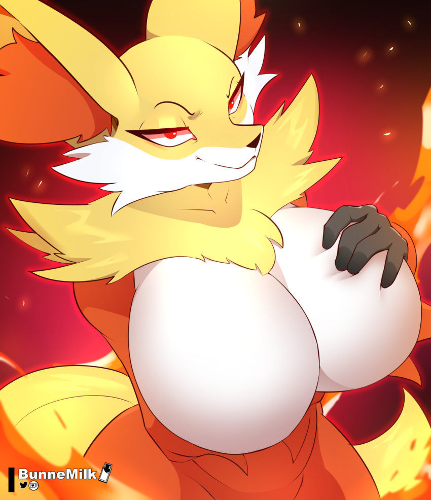 2023 anthro arm_under_breasts artist_name big_breasts black_nose breasts bunnemilk cheek_tuft chest_tuft delphox eyebrows facial_tuft featureless_breasts female fur generation_6_pokemon half-closed_eyes hand_on_breast hi_res huge_breasts inner_ear_fluff multicolored_body multicolored_fur narrowed_eyes nintendo pokemon pokemon_(species) red_body red_eyes red_fur smile solo tuft white_body white_fur yellow_body yellow_fur