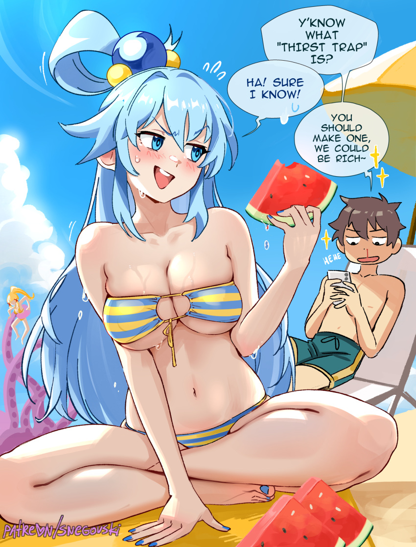 1boy 2girls absurdres aqua_(konosuba) barefoot beach_umbrella bikini blonde_hair blue_bikini blue_eyes blue_hair blue_nails blue_sky breasts commentary darkness_(konosuba) day english_commentary english_text food fruit hair_ornament highres holding holding_phone indian_style kono_subarashii_sekai_ni_shukufuku_wo! large_breasts long_hair looking_to_the_side male_swimwear motion_lines multiple_girls nail_polish navel open_mouth outdoors phone satou_kazuma sitting skindentation sky snegovski striped striped_bikini sweat swim_trunks swimsuit tentacles thighs topless_male two-tone_bikini umbrella underboob v-shaped_eyebrows watermelon web_address x_hair_ornament yellow_bikini