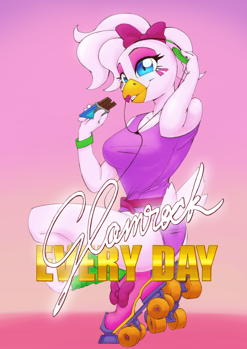 animal_humanoid anthro avian beak bird breasts candy chica_(fnaf) chicken chocolate clothed clothing dessert digital_drawing_(artwork) digital_media_(artwork) english_text female five_nights_at_freddy's five_nights_at_freddy's:_security_breach food galliform gallus_(genus) glamrock_chica_(fnaf) hi_res humanoid laureano phasianid portrait poster scottgames shaded signature simple_background smile solo steel_wool_studios text