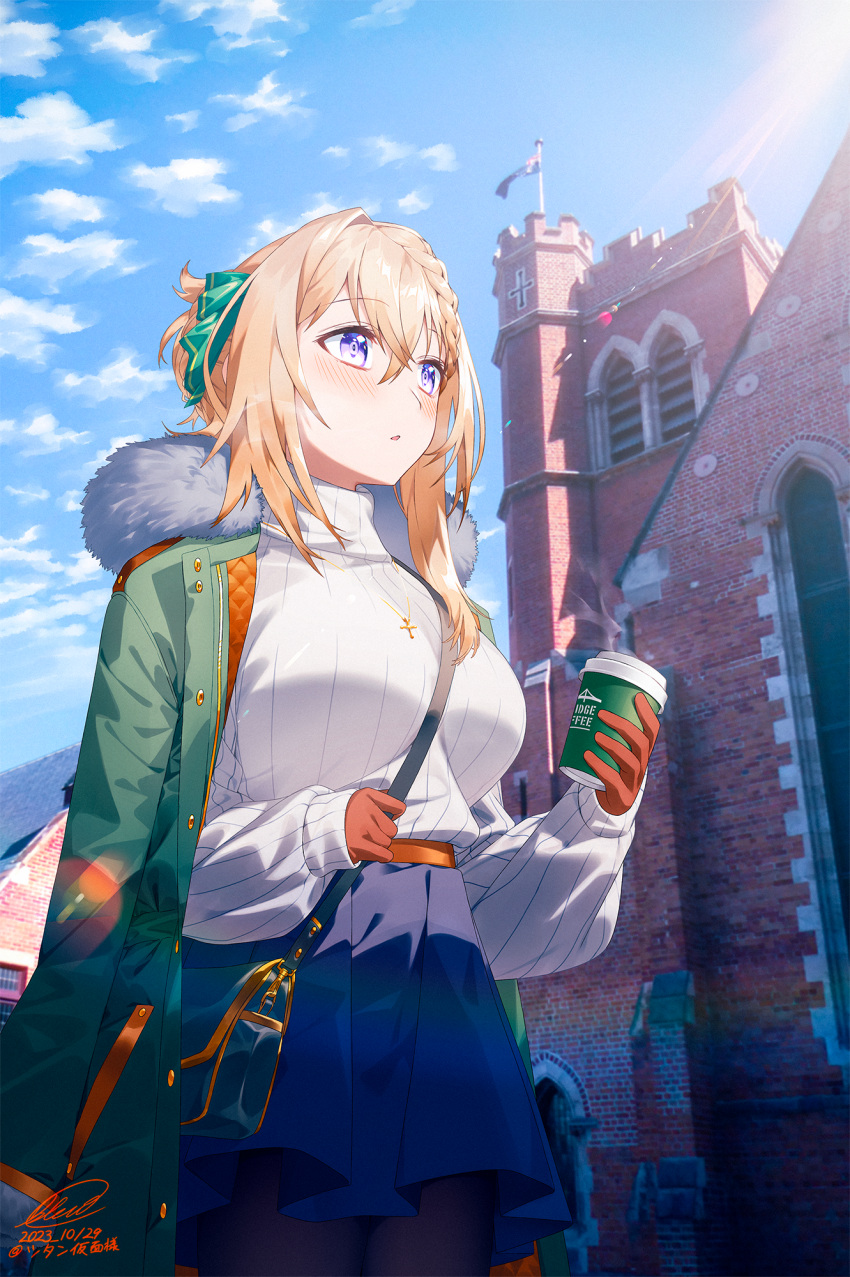 1girl bag blew_andwhite blonde_hair blush braid braided_bangs braided_bun breasts coffee coffee_cup commission cowboy_shot cup disposable_cup gloves hair_between_eyes hair_bun highres jacket kantai_collection large_breasts name_connection perth perth_(kancolle) photo_background purple_eyes ribbed_sweater short_hair skeb_commission solo sweater