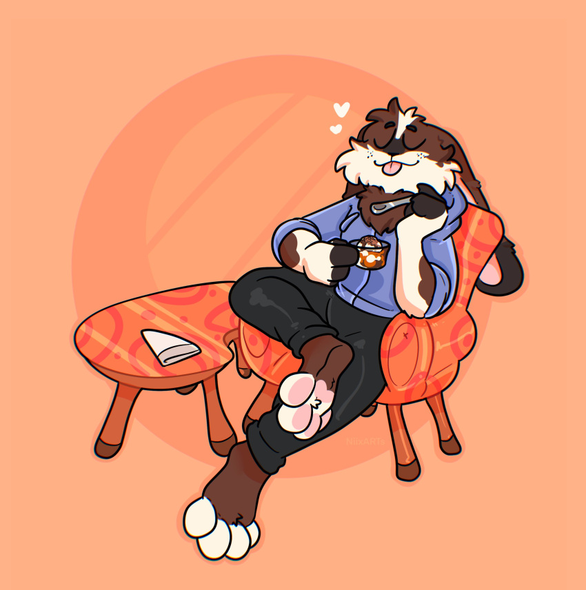 &lt;3 absurd_res anthro blep brown_body brown_fur cheek_tuft chest_tuft clothing coffee_table crossed_legs cutlery dessert ears_down eyes_closed facial_tuft food fur furniture hi_res hoodie ice_cream kitchen_utensils lagomorph leporid lounging male mammal neck_tuft orange_background pawpads paws pink_pawpads pivoted_ears rabbit simple_background smile sofa solo spoon sweatpants the_xing1 tongue tongue_out tools topwear tuft white_body white_fur