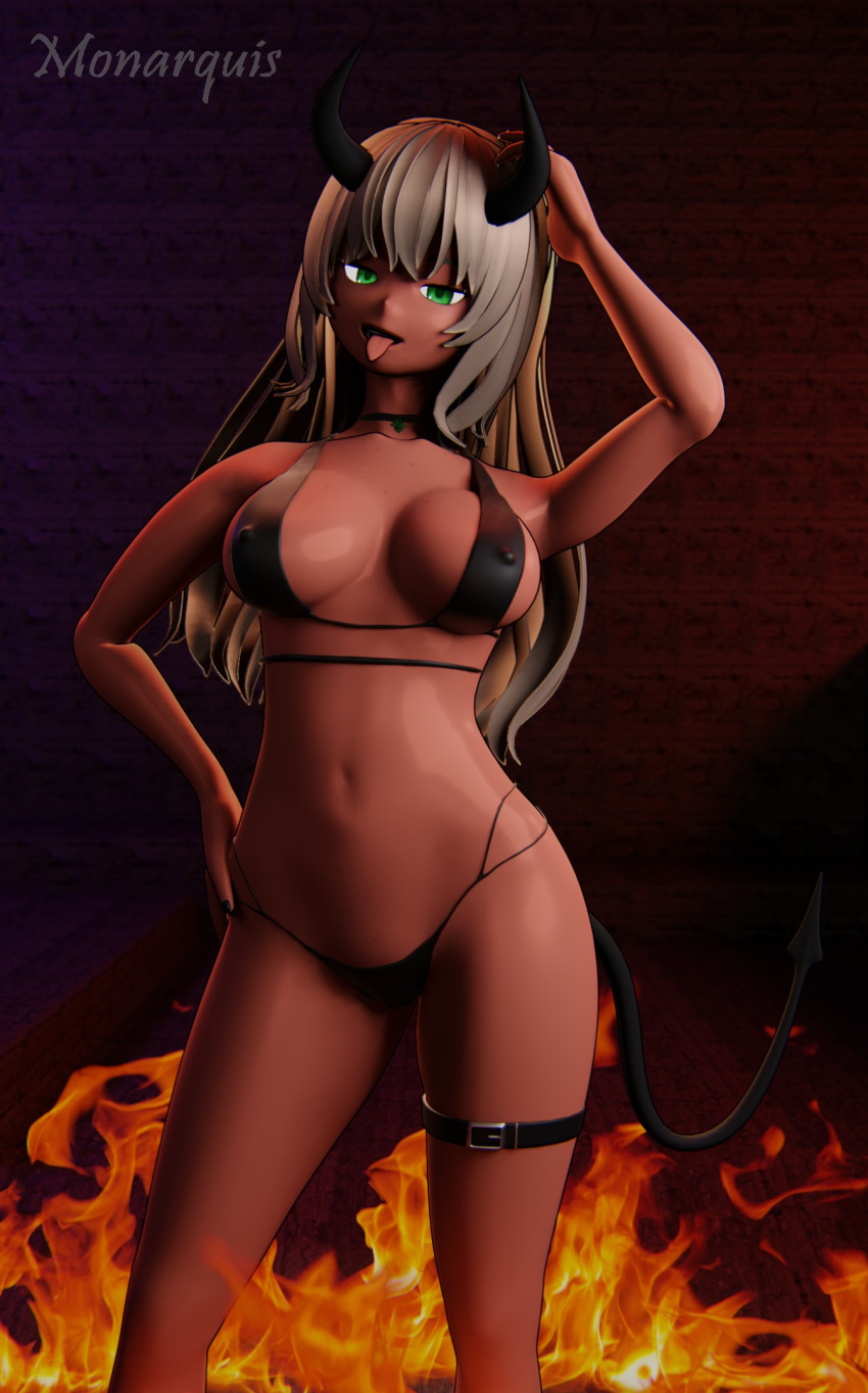 big_breasts blonde_hair breasts clothing demon female fire green_eyes hair hi_res horn humanoid inferno lala monarquis red_body red_skin solo succubus swimwear tongue tongue_out