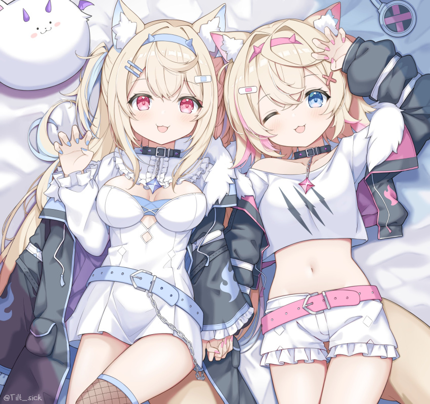 2girls :3 absurdres animal_ear_fluff animal_ears arm_up bandaid_hair_ornament belt black_collar black_jacket blonde_hair blue_belt blue_hair blue_hairband breasts center_frills chain chain_leash claw_pose cleavage cleavage_cutout clothing_cutout collar collarbone collared_dress cropped_jacket cropped_shirt crossed_bangs dog_ears dog_girl dog_tail dress fishnet_thighhighs fishnets frilled_dress frills fur-trimmed_jacket fur_trim fuwawa_abyssgard hair_between_eyes hair_ornament hairband hairclip hand_up highres holding_hands hololive hololive_english horn_hairband jacket leash long_hair long_sleeves looking_at_viewer lying medium_breasts midriff mococo_abyssgard multicolored_hair multiple_girls navel off_shoulder on_back on_bed open_clothes open_jacket open_mouth perroccino_(fuwamoco) pink_belt pink_eyes pink_hair pink_hairband shirt short_hair short_shorts shorts siblings single_thighhigh sisters streaked_hair tail thighhighs tilt_gyx twins two_side_up virtual_youtuber white_dress white_shirt white_shorts