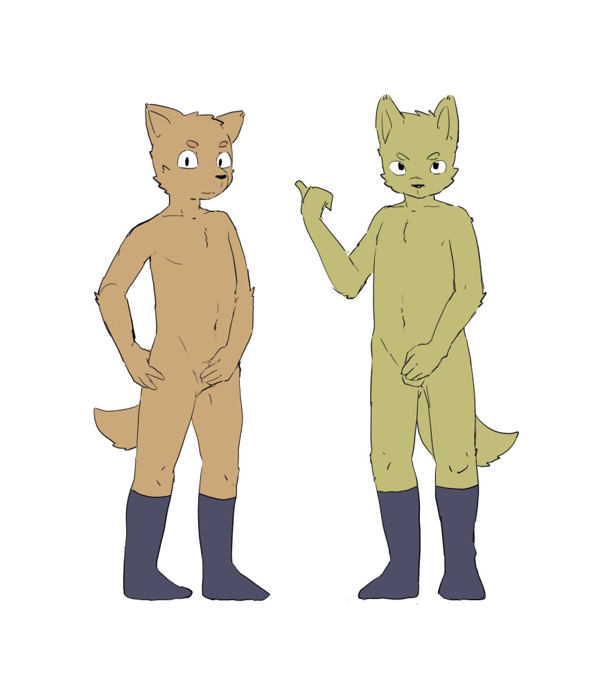 2020 4_fingers anthro balls brown_body brown_fur butt canid canine canis clothing domestic_dog duo eyebrows fingers footwear footwear_only fur genitals gesture hi_res hiding_penis male mammal mostly_nude navel nekotanyanneko pointing pointing_back serious simple_background socks socks_only tail white_background young