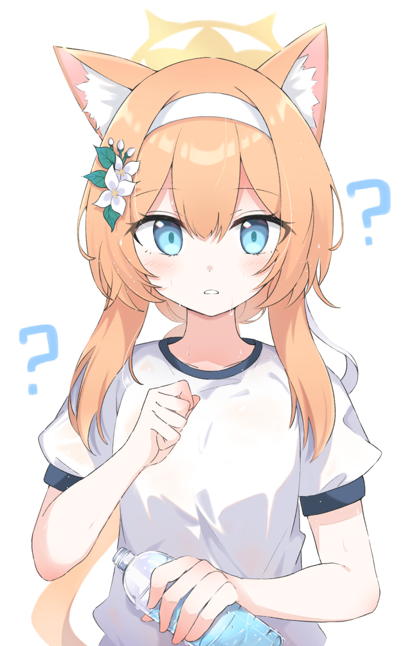 1girl ? animal_ear_fluff animal_ears blue_archive blue_eyes blush bottle commentary_request flower fox_ears gym_uniform hair_flower hair_ornament hairband halo hand_up highres holding holding_bottle long_hair looking_at_viewer mari_(blue_archive) mari_(track)_(blue_archive) orange_hair ponytail preste shirt short_sleeves sidelocks simple_background solo straight-on sweat upper_body water_bottle wet wet_clothes wet_shirt white_background white_flower white_hairband white_shirt yellow_halo