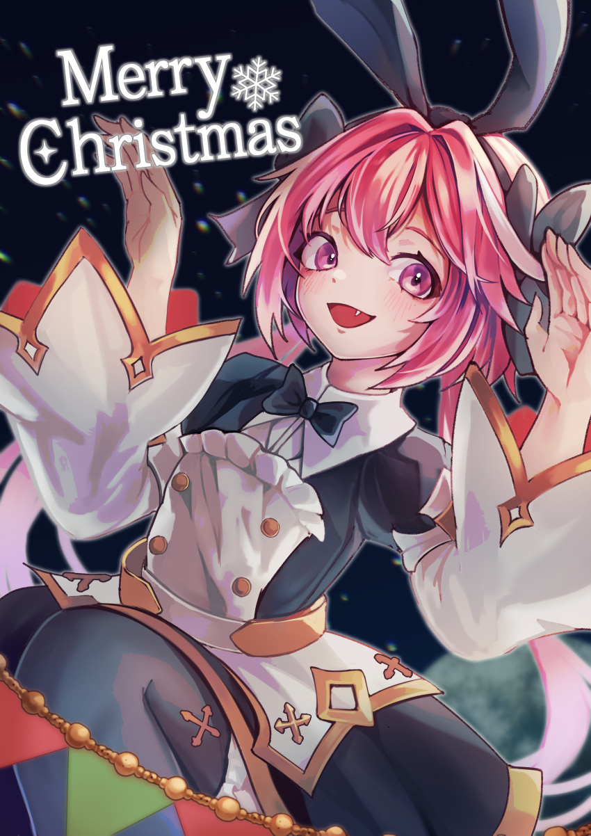 1boy absurdres animal_ears astolfo_(fate) astolfo_(saber)_(fate) astolfo_(saber)_(third_ascension)_(fate) black_bow black_bowtie black_ribbon bow bowtie christmas cross dress fake_animal_ears fang fate/grand_order fate_(series) hair_bow hair_intakes hair_ribbon highres layered_skirt long_hair looking_at_viewer low_twintails male_focus merry_christmas multicolored_hair open_mouth otoko_no_ko pink_hair purple_eyes rabbit_ears ribbon senada37 skirt sky smile snowflakes solo star_(sky) starry_sky streaked_hair string_of_flags thighhighs twintails white_hair wing_collar