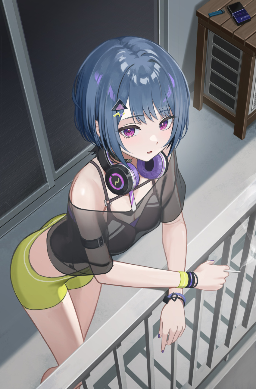 1girl absurdres air_conditioner black_camisole black_choker black_shirt black_wristband blunt_bangs breasts camisole choker cigarette cigarette_pack green_pants green_wristband grey_hair hair_ornament hairclip hand_on_railing handrail headphones headphones_around_neck highres holding holding_cigarette kit koshimizu_toru leaning_forward lighter looking_at_viewer medium_breasts nijisanji pants parted_lips purple_eyes ringed_eyes see-through shirt short_hair sliding_doors smoking solo standing triangle_hair_ornament virtual_youtuber wooden_floor