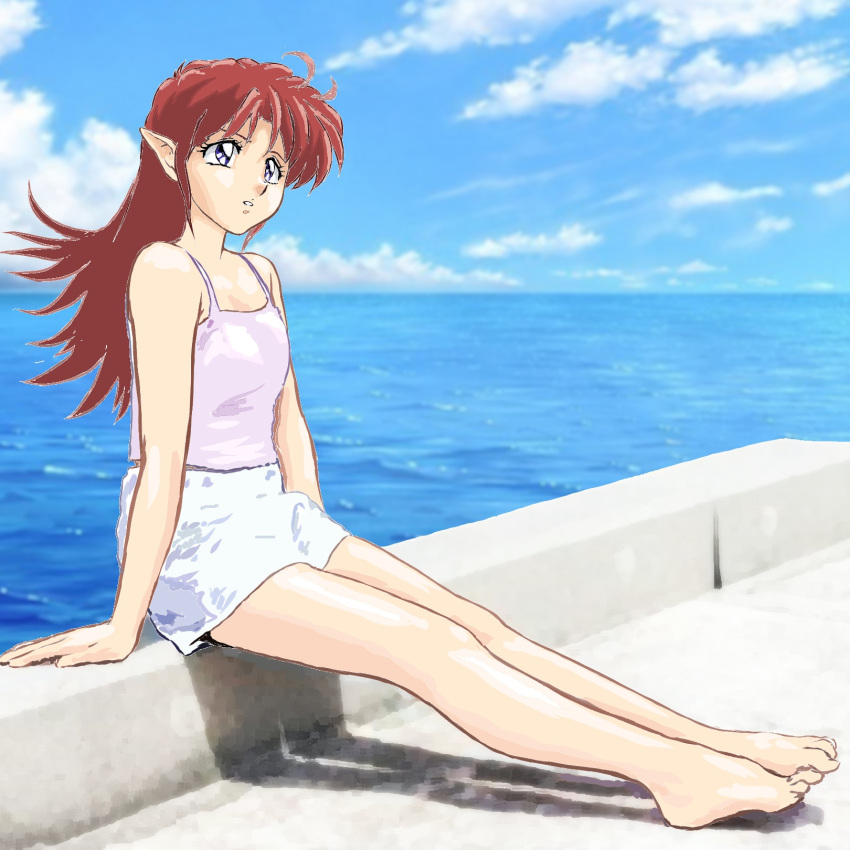 1990s_(style) 1girl azalyn_(musekinin_kanchou_tylor) bare_arms bare_legs bare_shoulders barefoot blue_sky camisole cloud commentary day full_body highres legs long_hair long_legs miniskirt mizumori_keiichi musekinin_kanchou_tylor ocean outdoors parted_lips pointy_ears purple_camisole purple_eyes red_hair retro_artstyle sitting skirt sky solo water white_skirt