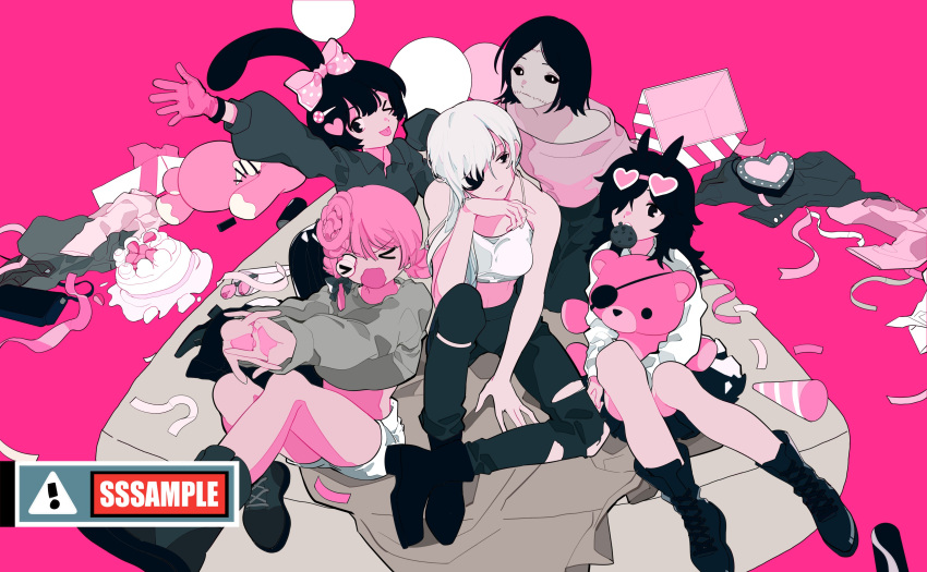 &gt;_&lt; 5girls absurdres arm_up black_hair black_sclera cake chainsaw_man closed_eyes colored_sclera cosmo_(chainsaw_man) crop_top dangling_eye exposed_brain eyepatch eyewear_on_head food gloves grey_hoodie hair_ornament hair_ribbon hairpin heart heart-shaped_eyewear highres hood hoodie horns long_(chainsaw_man) long_hair looking_at_viewer looking_to_the_side multiple_girls null024 off-shoulder_sweater off_shoulder one_eye_closed open_mouth own_hands_together pants party_popper pingtsi_(chainsaw_man) pink_background pink_gloves pink_hair pink_theme ponytail prehensile_hair quanxi_(chainsaw_man) ribbon sample_watermark short_hair simple_background smile stitched_mouth stitches stuffed_animal stuffed_toy sweater teddy_bear tongue tongue_out torn_clothes torn_pants tsugihagi_(chainsaw_man) white_hair
