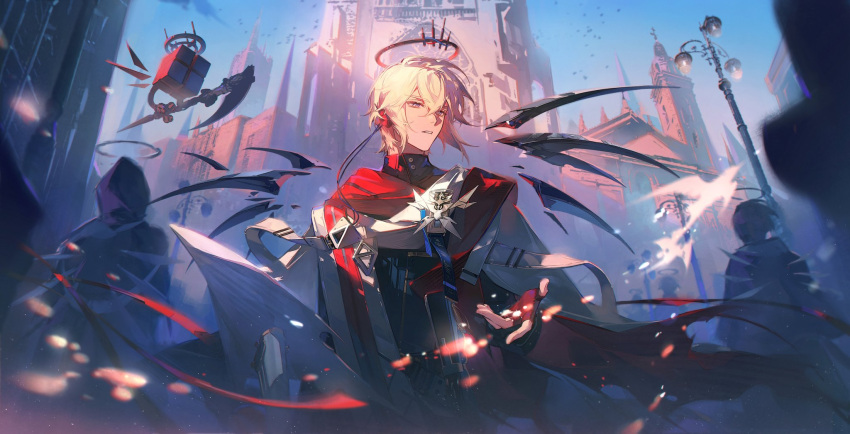 1boy 2others arknights blue_sky blurry blurry_foreground brooch building chinese_commentary commentary_request executor_(arknights) executor_the_ex_foedere_(arknights) fingerless_gloves gloves halo hand_up highres jacket jewelry male_focus mechanical_halo multiple_others outdoors purple_eyes red_gloves red_scarf renjian_shilian scar scarf scythe sky tagme upper_body white_hair white_jacket wings