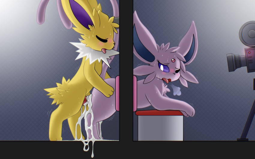 blush bodily_fluids breath camera cum duo eeveelution ejaculation espeon excessive_cum excessive_genital_fluids eyes_closed female feral forehead_gem forked_tail fur furniture generation_1_pokemon generation_2_pokemon genital_fluids genitals hi_res holding_butt jolteon kabeshiri looking_back looking_pleasured male male/female mammal mrseed nintendo one_eye_closed paws penetration penis pokemon pokemon_(species) stool stuck sweat tail tongue tongue_out unusual_anatomy unusual_tail white_body white_fur yellow_body