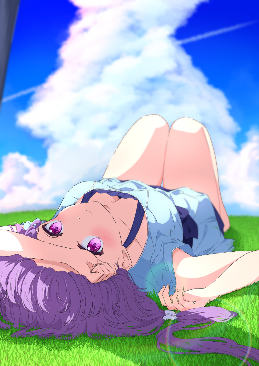 1girl 2023 absurdres arm_above_head arm_up blue_dress blue_sky blush breasts cleavage closed_mouth cloud collarbone commentary_request dated_commentary day dress eyelashes grass hand_up highres knees_up kyamiuu large_breasts lens_flare long_hair looking_at_viewer low_ponytail lying mizuori_shizuku on_back outdoors pink_eyes purple_hair short_dress short_sleeves sky smile solo summer summer_pockets thigh_gap thighs very_long_hair