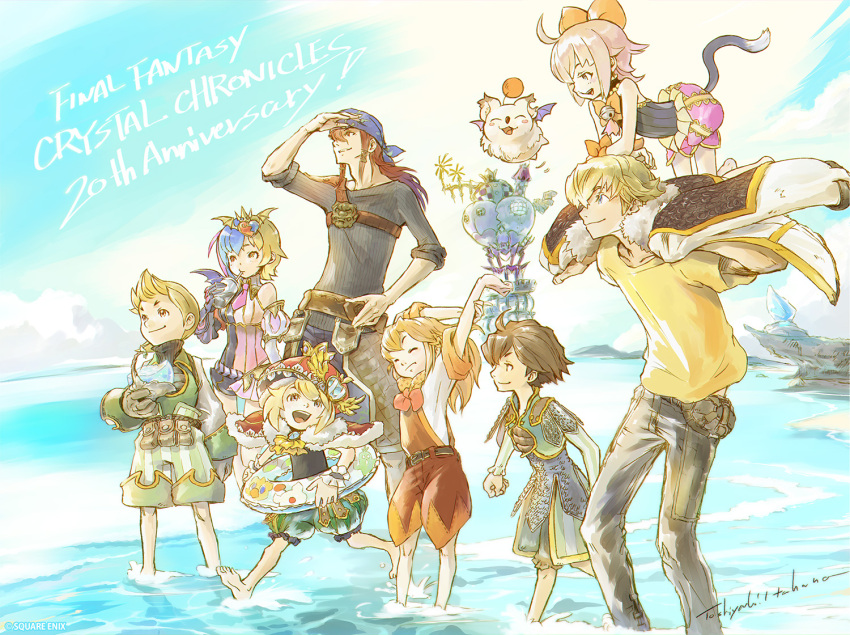 3girls 5boys anniversary bandana barefoot beach cat_tail chelinka clavat final_fantasy final_fantasy_crystal_chronicles final_fantasy_crystal_chronicles:_echoes_of_time final_fantasy_crystal_chronicles:_my_life_as_a_darklord final_fantasy_crystal_chronicles:_my_life_as_a_king final_fantasy_crystal_chronicles:_ring_of_fates final_fantasy_crystal_chronicles_the_crystal_bearers in-franchise_crossover innertube itahana_toshiyuki jacket jacket_on_shoulders keiss king_leo layle mira_(ffcc) moogle multiple_boys multiple_girls official_art sherlotta smile tail yuri_(ffcc)