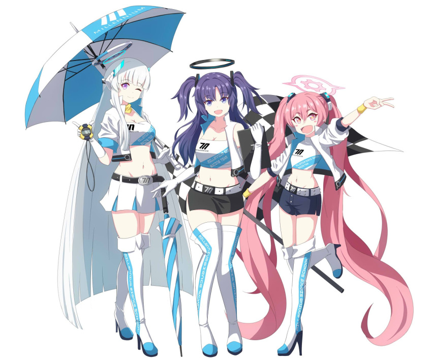 +_+ 3girls :d ;) absurdly_long_hair alternate_costume belt black_shorts black_skirt blue_archive blunt_bangs blush_stickers boots breasts checkered_flag cleavage clipboard closed_umbrella commentary_request dual_wielding elbow_gloves flag full_body gloves hair_between_eyes halo headgear highres holding holding_clipboard holding_flag holding_stopwatch holding_umbrella jacket koyuki_(blue_archive) long_hair looking_at_viewer multiple_girls navel noa_(blue_archive) one_eye_closed open_clothes open_jacket parted_bangs pink_eyes pink_hair pleated_skirt purple_hair race_queen short_shorts short_sleeves shorts sidelocks simple_background skirt sleeveless smile standing standing_on_one_leg stomach stopwatch symbol-shaped_pupils thigh_boots triangle_hair_ornament umbrella v very_long_hair white_background white_footwear white_gloves white_hair white_jacket white_skirt yukimi_unagi yuuka_(blue_archive) zettai_ryouiki