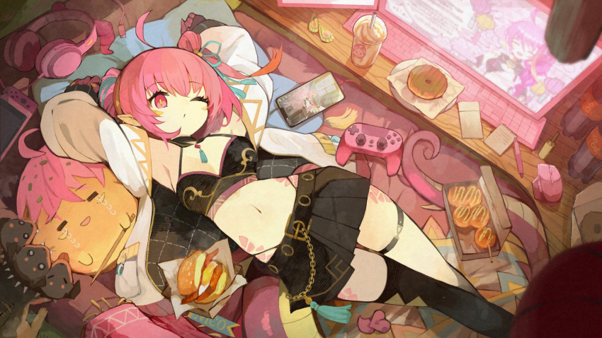 1girl ahoge aqua_ring_(pokemon) black_skirt black_thighhighs burger cellphone commentary_request controller creature cup disposable_cup doughnut drinking_straw food game_controller hair_ribbon handheld_game_console headphones headphones_removed highleg highleg_panties highres indie_virtual_youtuber jacket keyboard_(computer) looking_at_viewer lying midriff monitor navel neck_tassel on_back one_eye_closed open_clothes open_jacket original panties pen phone pink_eyes pink_hair pleated_skirt pointy_ears ribbon sakutake_(ue3sayu) single_thighhigh skirt soda_bottle solo tail thigh_strap thighhighs underwear