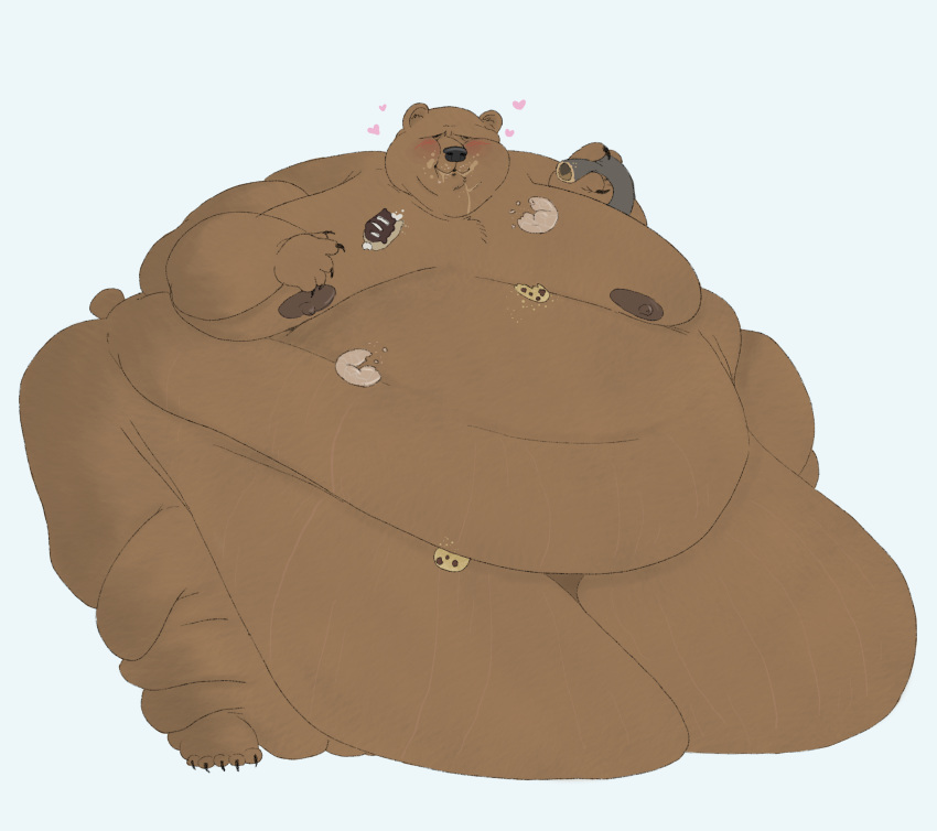 absurd_res anthro bear crustypelican3 double_chin eating fat_forehead food hi_res honey_(food) huge_belly huge_moobs huge_thighs male mammal morbidly_obese obese obscured_eyes overhanging_belly overweight slob solo thick_thighs wide_hips