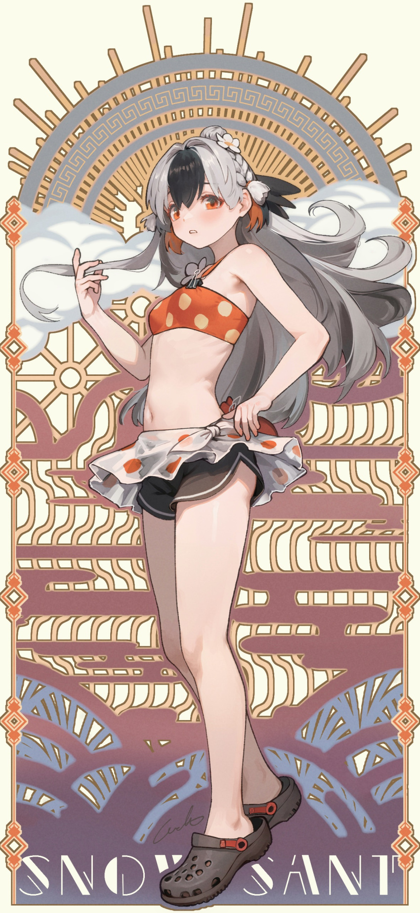 1girl absurdres arknights bandeau bare_arms bare_legs bare_shoulders bikini black_footwear black_hair black_shorts braid commentary_request crocs flower full_body grey_hair hair_flower hair_ornament highres long_hair looking_at_viewer multicolored_hair navel official_alternate_costume orange_bikini parted_lips sarong short_shorts shorts snowsant_(arknights) solo standing stomach swimsuit thighs two-tone_hair very_long_hair welt_(kinsei_koutenkyoku) white_flower