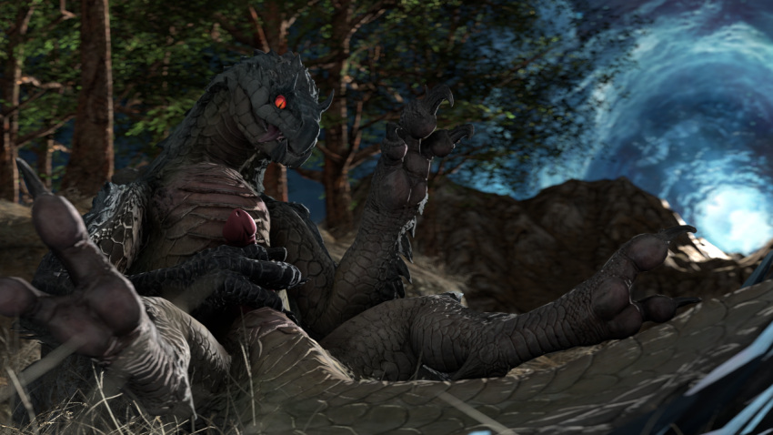capcom claws erection fanged_wyvern feet feral forest forest_background genitals holding_penis horn laid_back male masturbation monster monster_hunter nature nature_background nude pawpads penis plant pupils quadruped red_eyes red_penis red_sclera rock scales scalie slit_pupils solo tail tobi-kadachi toe_claws toes tongue tongue_out tree weekyle wormhole