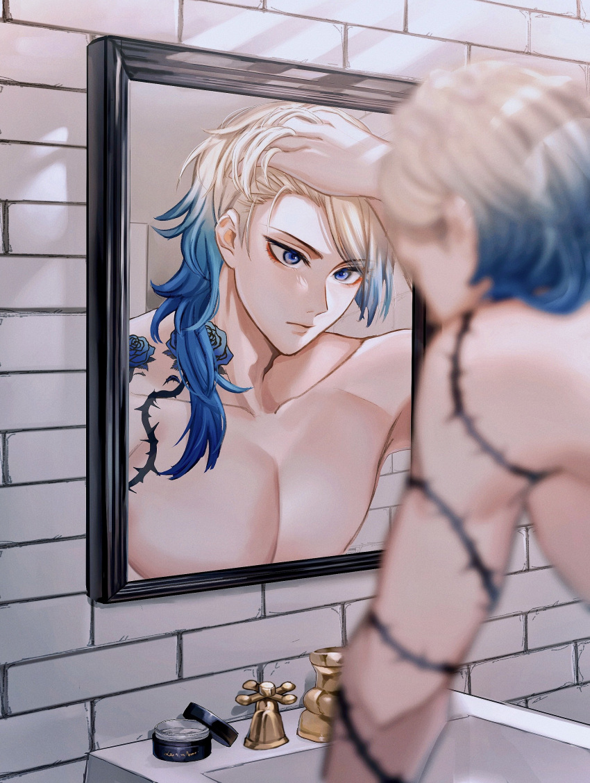 1boy absurdres arm_tattoo blonde_hair blue_eyes blue_flower blue_lock blue_sky closed_mouth collarbone commentary_request eyeshadow flower flower_tattoo gradient_hair hand_in_own_hair highres kyul_gnsn long_hair makeup male_focus michael_kaiser mirror multicolored_hair neck_tattoo red_eyeshadow reflection sky solo tattoo topless_male two-tone_hair upper_body