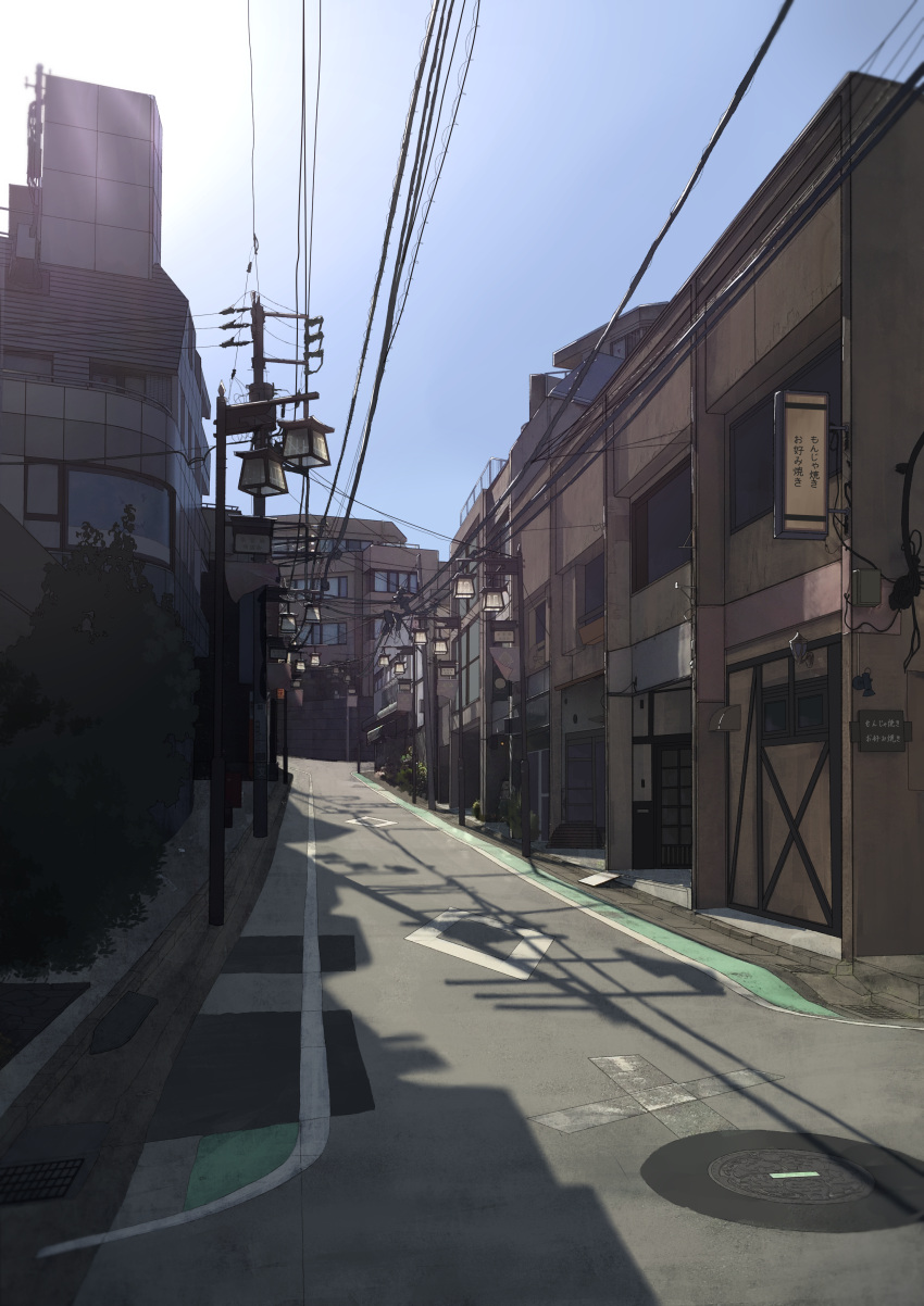 absurdres anyotete blue_sky building bush city cityscape commentary day highres house lamppost no_humans original outdoors power_lines road scenery shadow sign sky street sunlight translation_request utility_pole