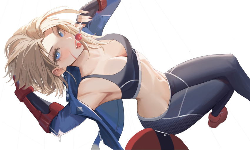 1girl armpits bikini_bridge blonde_hair blue_eyes blue_jacket breasts cammy_white candy cleavage crossed_legs dutch_angle english_commentary fingerless_gloves fingernails food gloves groin highres jacket lollipop long_fingernails looking_at_viewer medium_hair navel neorarty open_clothes red_footwear scar scar_on_face solo sports_bra steepled_fingers street_fighter street_fighter_6 tongue tongue_out unfinished