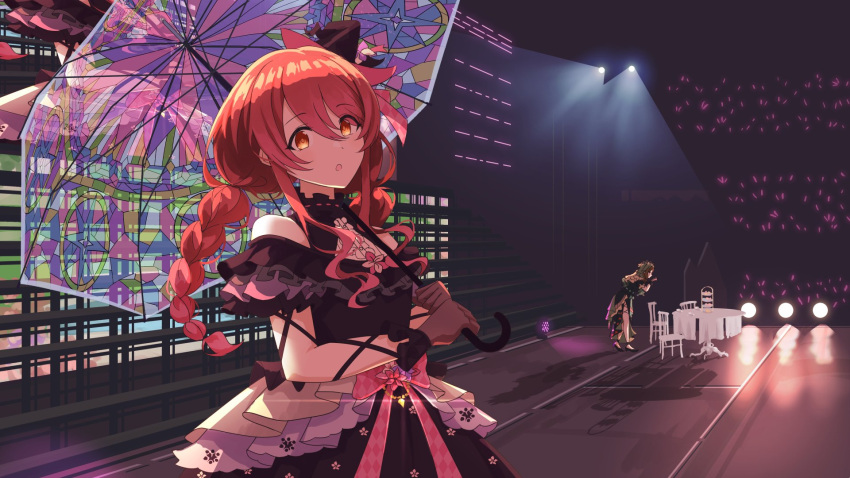 2girls black_dress black_gloves braid brown_hair concert dress frilled_dress frills gloves glowstick hat highres holding holding_umbrella idol idolmaster idolmaster_shiny_colors jtangc kuwayama_chiyuki long_hair looking_at_viewer low_twin_braids mini_hat mini_witch_hat multiple_girls osaki_tenka solo_focus stage_lights swept_bangs twin_braids umbrella witch_hat yellow_eyes