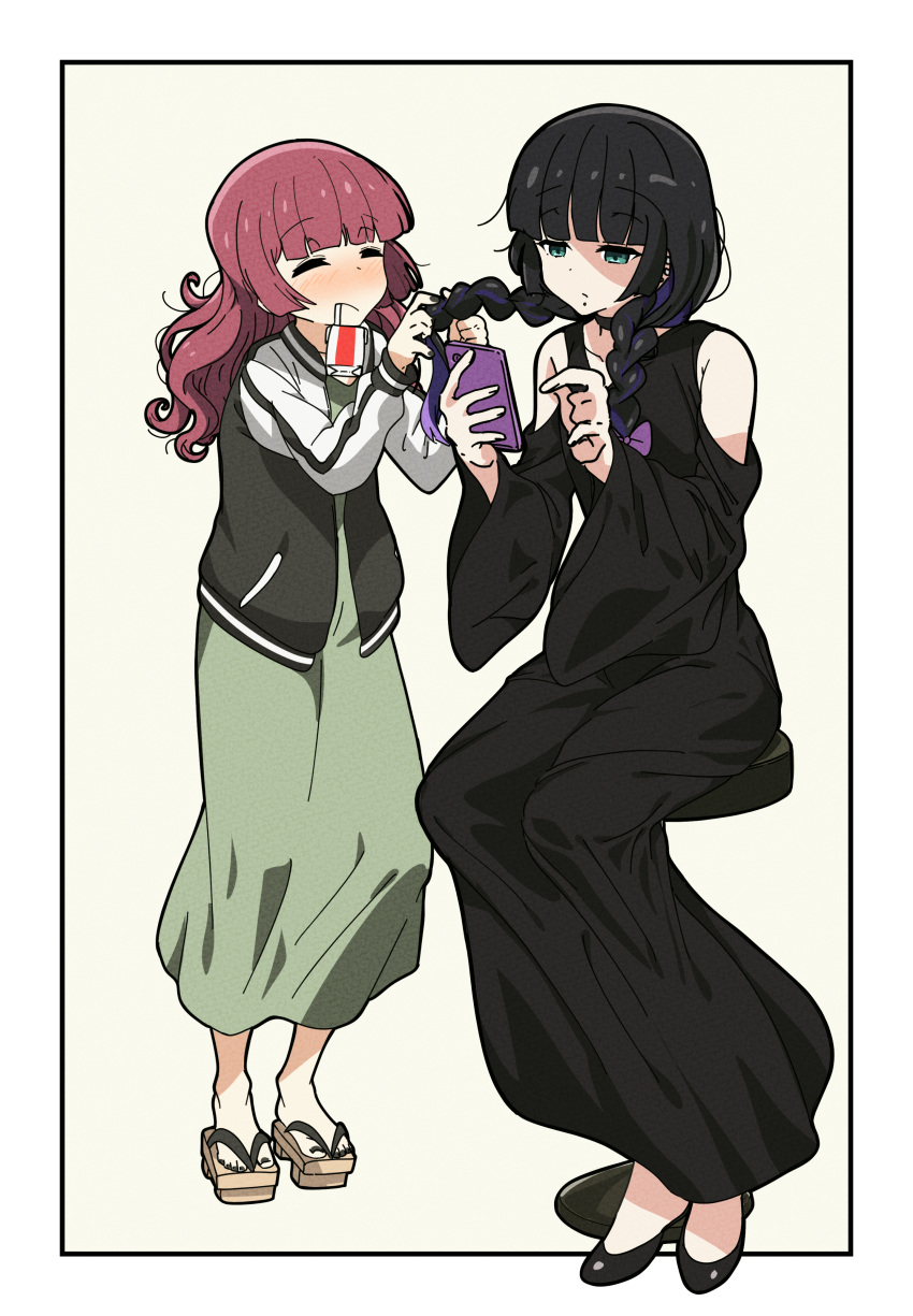 2girls absurdres ahoge alcohol alcohol_carton barefoot black_dress black_hair black_nails blue_eyes blush bocchi_the_rock! border cellphone chin_piercing closed_eyes closed_mouth clothing_cutout collarbone colored_inner_hair comb dress drinking drinking_straw flats gothic goumonsha green_dress height_difference highres hiroi_kikuri holding holding_phone jacket long_dress long_hair long_sleeves messy_hair multicolored_hair multiple_girls nail_polish open_mouth pa-san phone purple_hair red_hair shaded_face shoulder_cutout sidelocks sitting sleeves_past_wrists smartphone standing stool two-tone_hair white_background wide_sleeves yellow_background