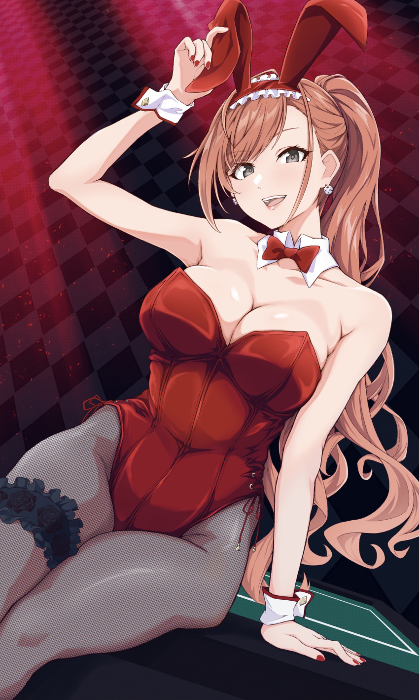 1girl absurdres animal_ears arisugawa_natsuha bow bowtie breasts bridal_garter brown_eyes checkered_floor cleavage detached_collar dice_earrings fake_animal_ears fishnet_pantyhose fishnets highres idolmaster idolmaster_shiny_colors large_breasts leotard lorenzo_agrippa medium_breasts orange_hair pantyhose playboy_bunny ponytail rabbit_ears red_bow red_bowtie red_leotard sitting solo strapless strapless_leotard table wrist_cuffs