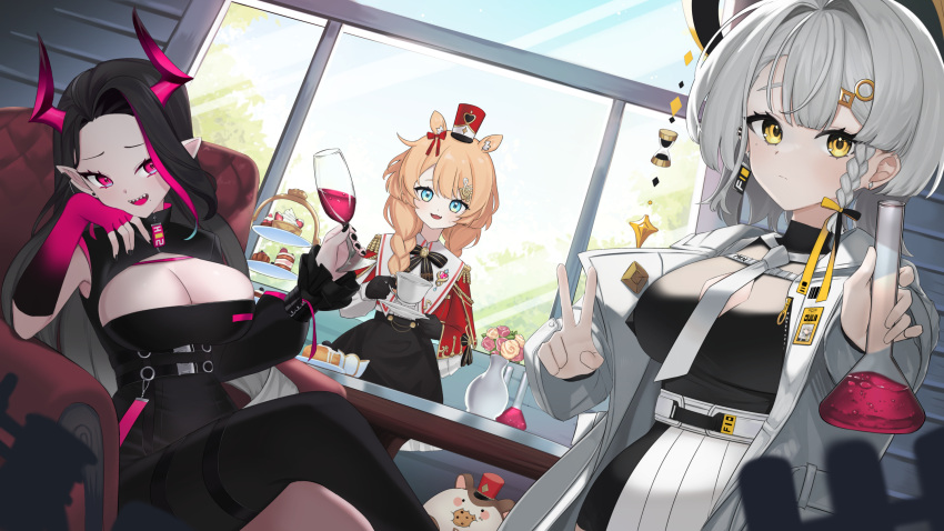 3girls :d alcohol armchair black_gloves black_hair black_shirt black_skirt braid breasts chair cleavage cleavage_cutout closed_mouth clothing_cutout commentary_request copyright_request cup day drinking_glass erlenmeyer_flask flask forehead gloves grey_hair hair_intakes hair_over_shoulder hat highres holding holding_cup holding_saucer indoors jacket korean_commentary large_breasts light_brown_hair long_hair long_sleeves looking_at_viewer mini_hat multicolored_hair multiple_girls nanana_narang on_chair parted_bangs pleated_skirt purple_eyes purple_hair red_headwear red_jacket saucer sharp_teeth shirt sitting skirt smile streaked_hair teacup teeth tiered_tray twin_braids v very_long_hair virtual_youtuber white_skirt wide_sleeves window wine wine_glass yellow_eyes